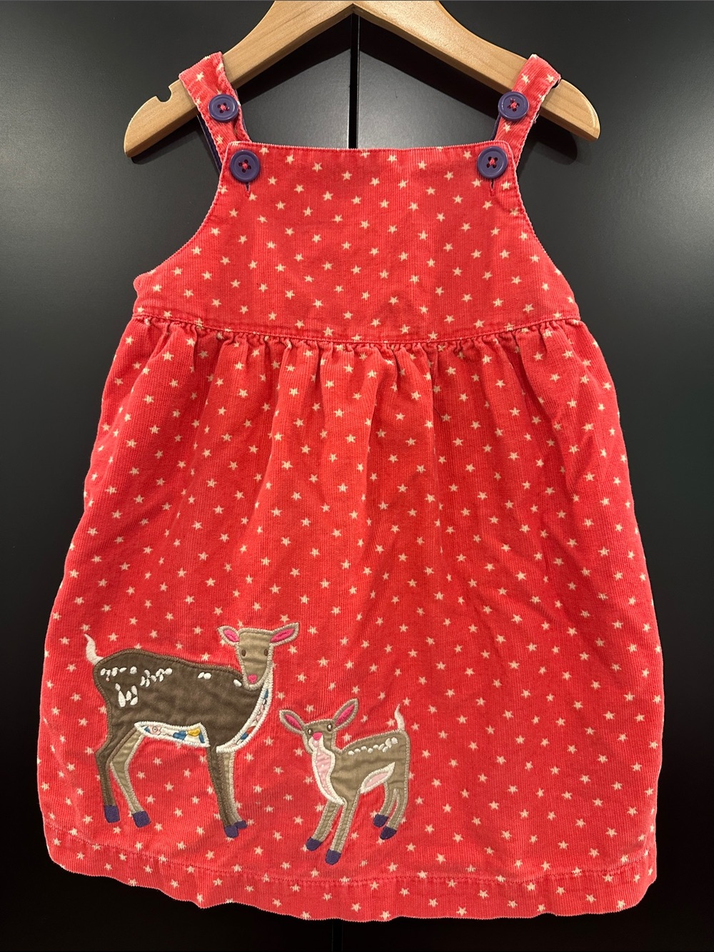 Baby Boden Red Star Corduroy Pinafore Dress Deer Embroidery Girls 2-3 Years